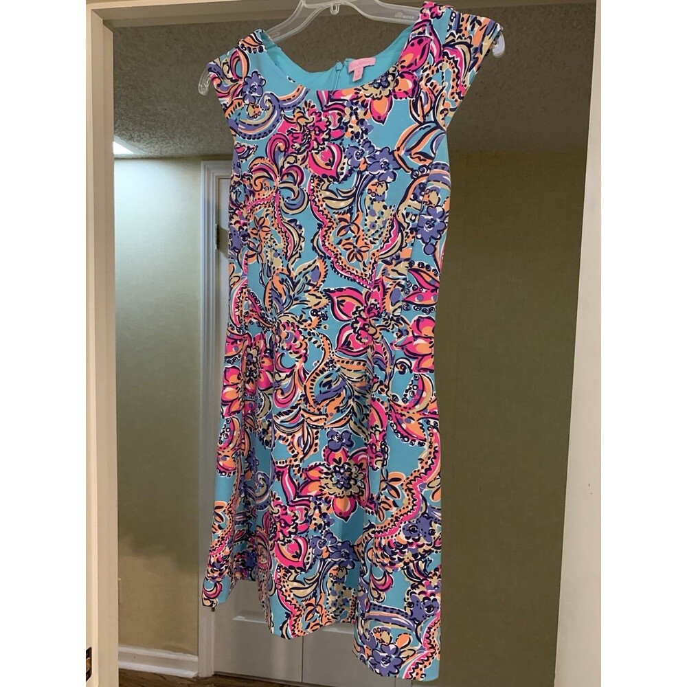Lilly Pulitzer Dress Small M Floral Teal Blue Pink Lined RARE HTF BEAUTIFUL